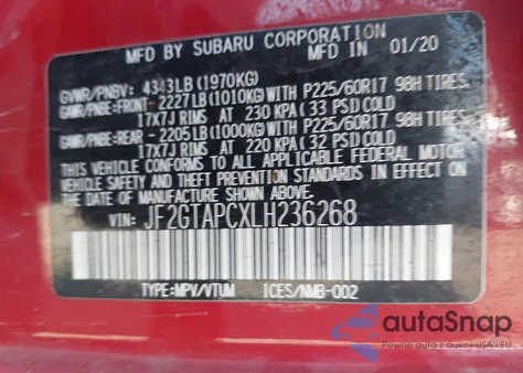 2020 Subaru Crosstrek Premium из США, поврежденный, VIN JF2GTAPCXLH236268